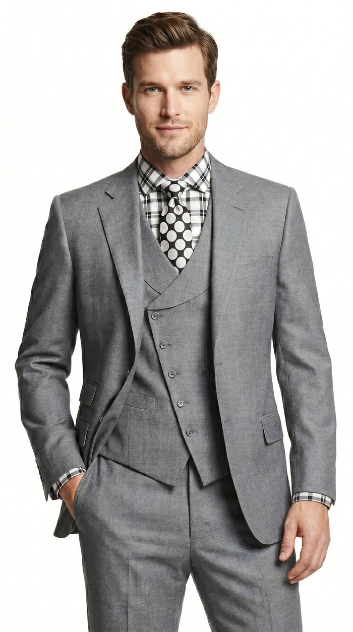 Men’s Light Grey 3 Piece Suit with Double Breasted Vest and Pleated Pants