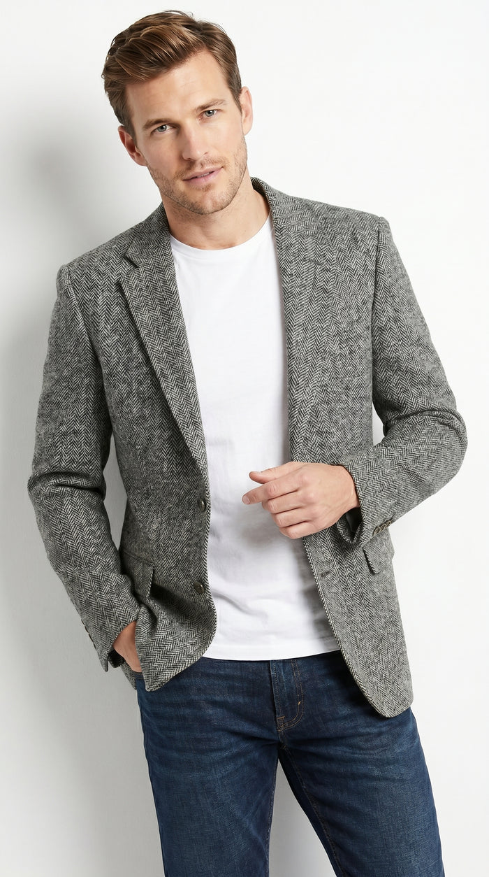 Men’s Grey Harris Tweed Herringbone Sport Coat, Classic Dress Casual Blazer Jacket