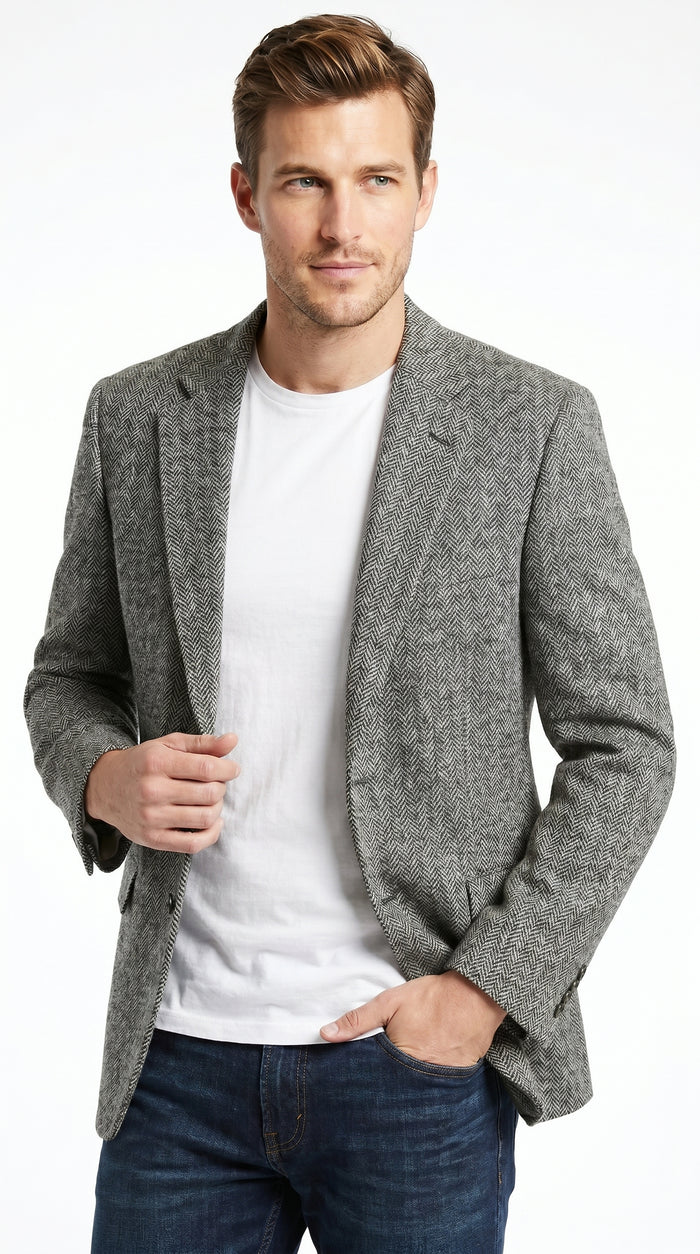 Men’s Grey Harris Tweed Herringbone Sport Coat, Classic Dress Casual Blazer Jacket