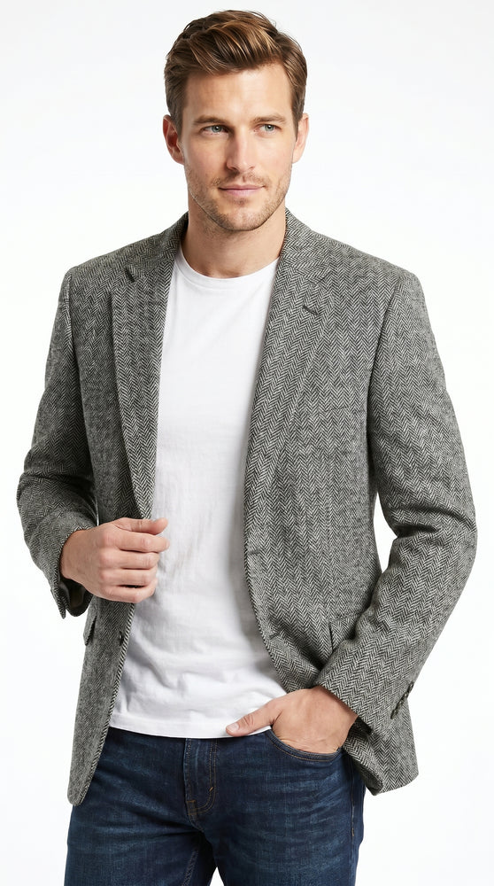 Men’s Grey Harris Tweed Herringbone Sport Coat, Classic Dress Casual Blazer Jacket