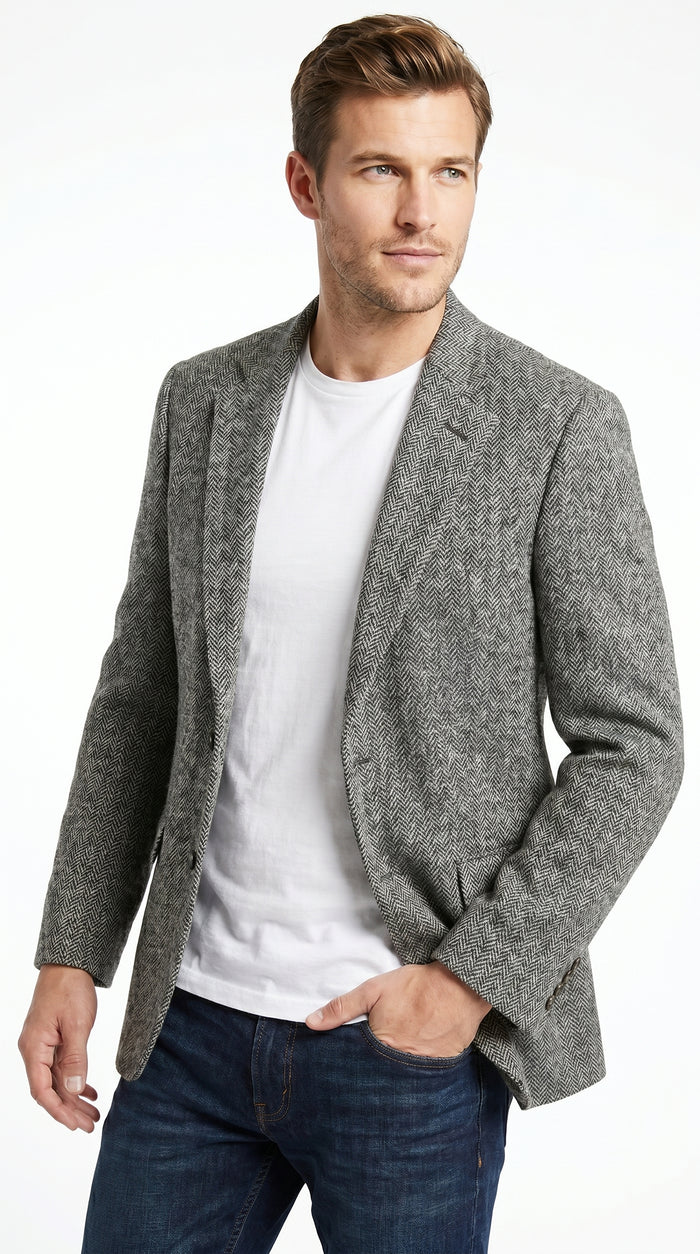 Men’s Grey Harris Tweed Herringbone Sport Coat, Classic Dress Casual Blazer Jacket