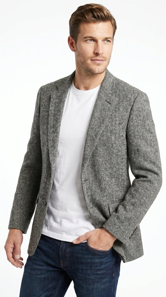 Men’s Grey Harris Tweed Herringbone Sport Coat, Classic Dress Casual Blazer Jacket