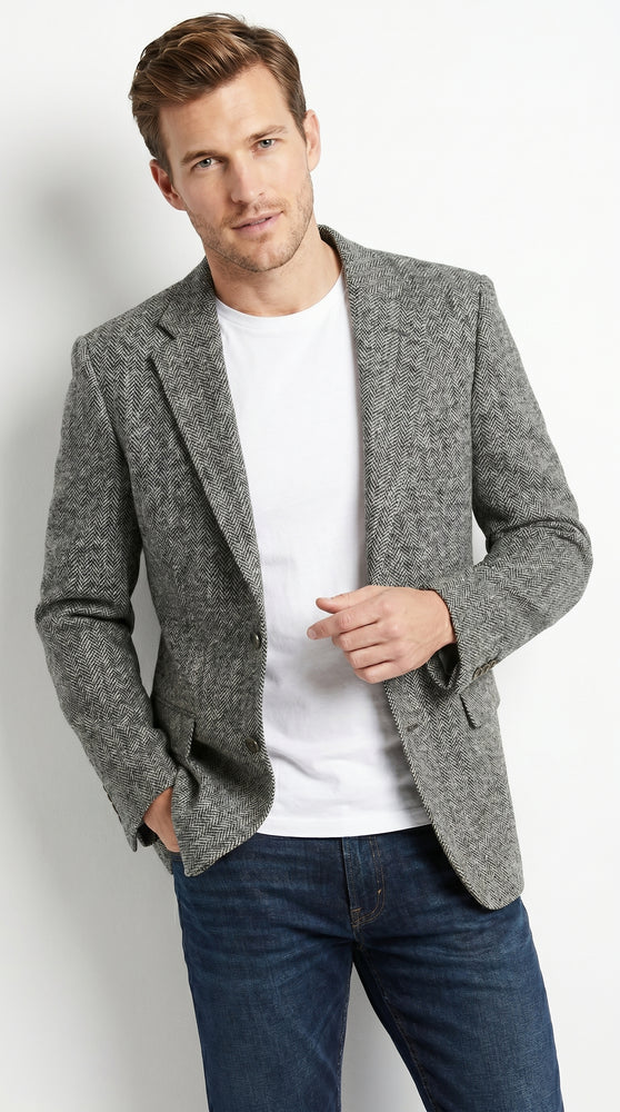 Men’s Grey Harris Tweed Herringbone Sport Coat, Classic Dress Casual Blazer Jacket