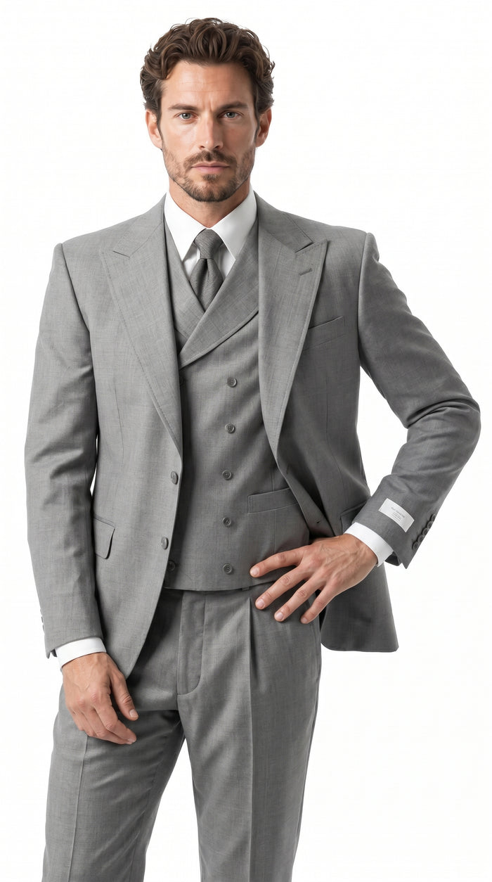Men’s Grey 1920s Style 3 Piece Suit with Double Breasted Slanted Vest, Peak Lapel & Pleated Wide Leg Pants