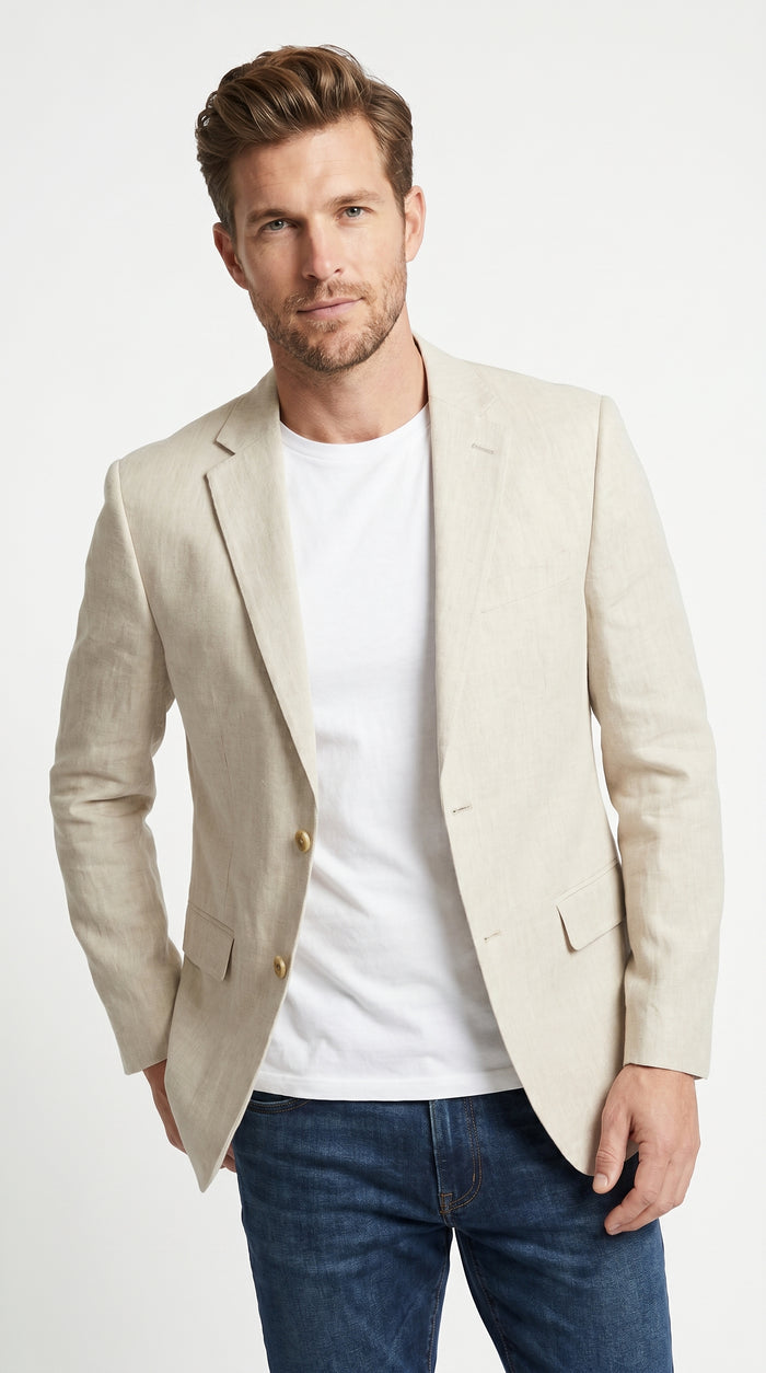 Men’s Cream Linen Blazer Big and Tall, Lightweight Summer Sport Coat for Dress Casual Wear