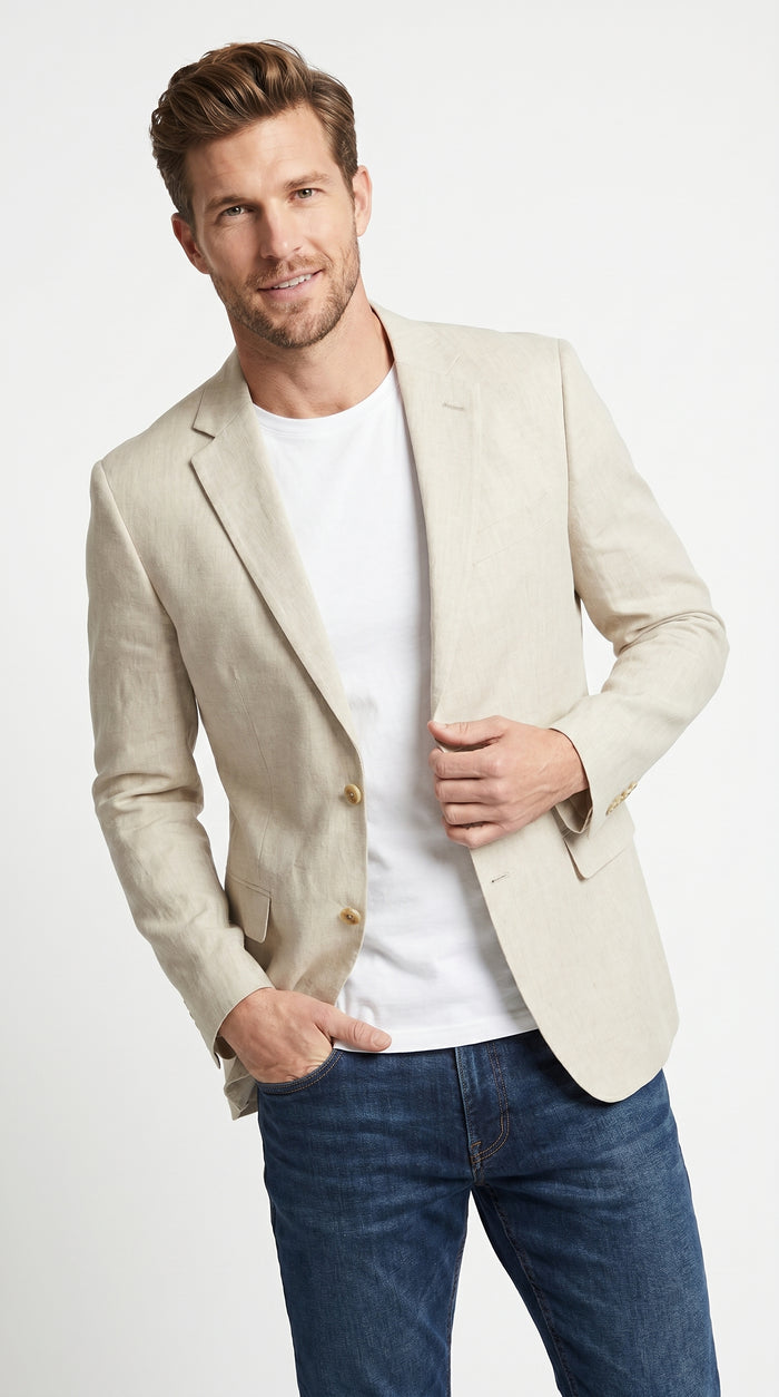 Men’s Cream Linen Blazer Big and Tall, Lightweight Summer Sport Coat for Dress Casual Wear
