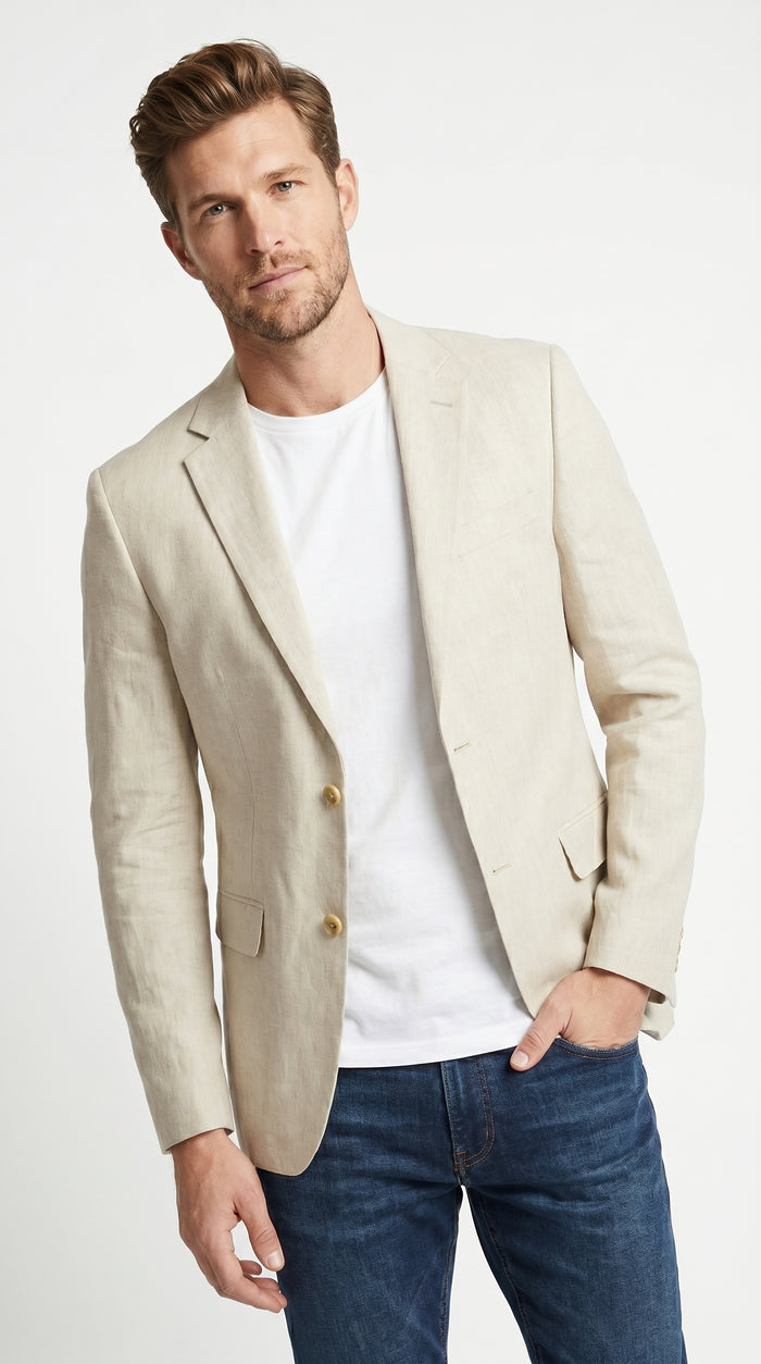 Men’s Cream Linen Blazer Big and Tall, Lightweight Summer Sport Coat for Dress Casual Wear