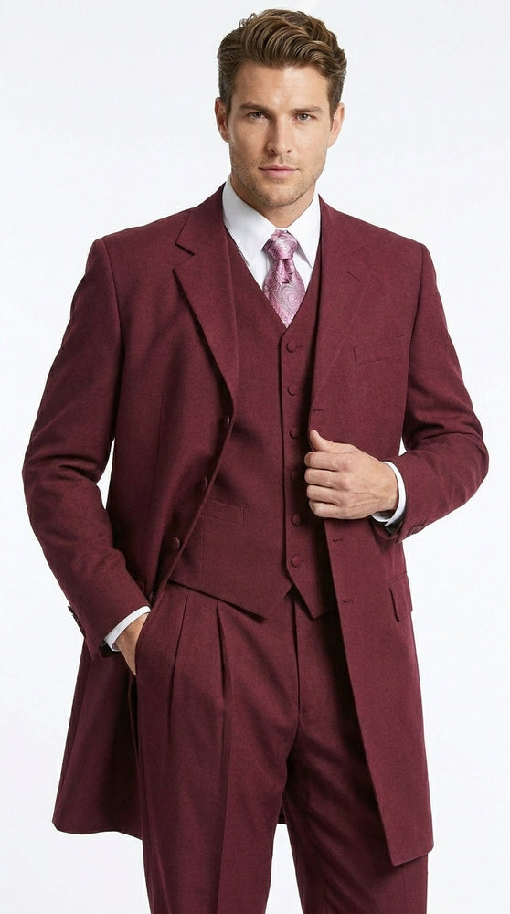 Men’s Burgundy Maroon Zoot Suit with 38 Inch Long Jacket, Wine Color 3 Piece Fashion Suit