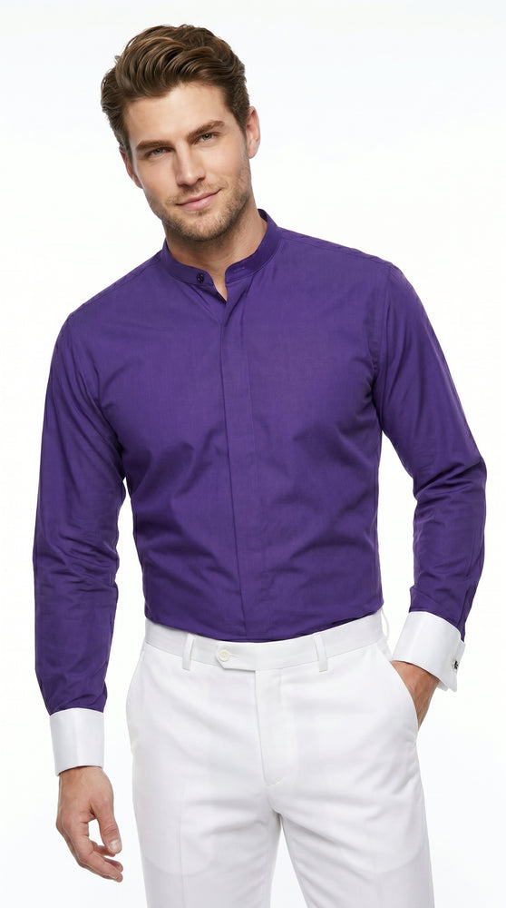 Men’s Mandarin Collarless Dress Shirt with French Cuffs, Preacher Round Collar Formal Shirt