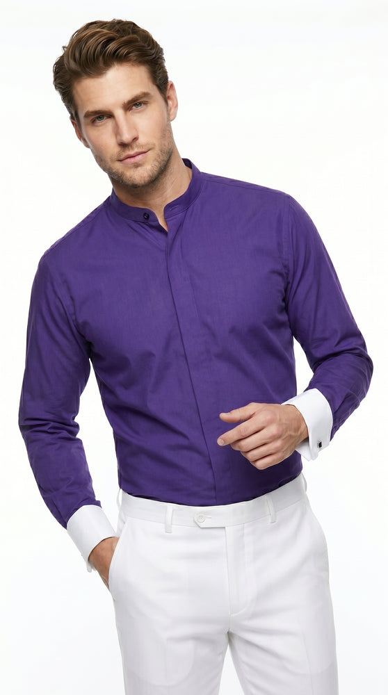 Men’s Mandarin Collarless Dress Shirt with French Cuffs, Preacher Round Collar Formal Shirt