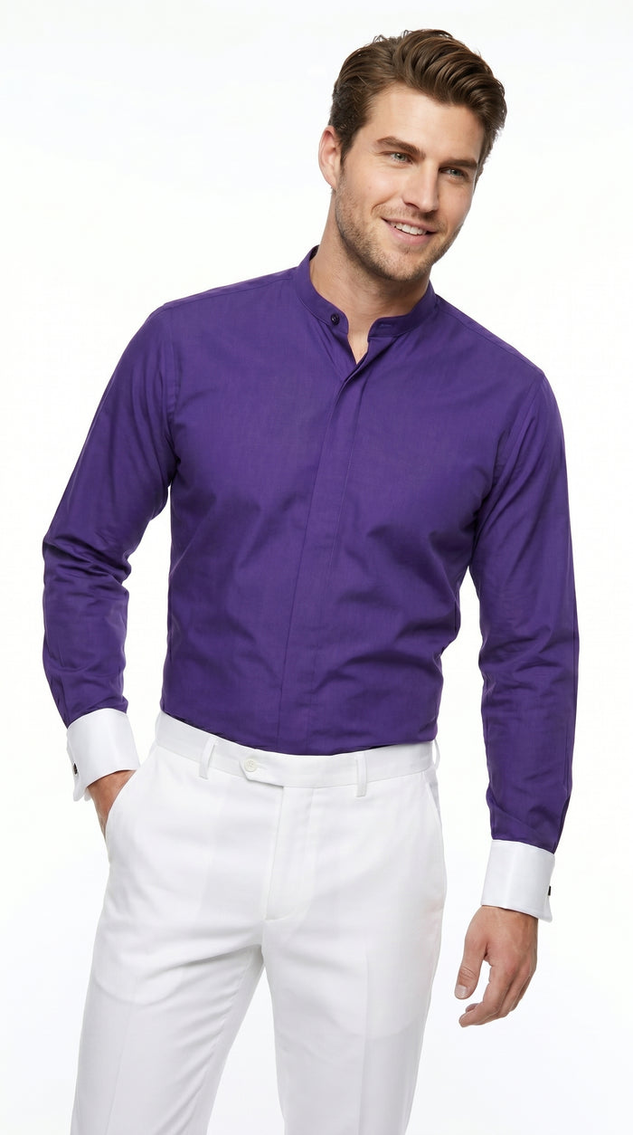 Men’s Mandarin Collarless Dress Shirt with French Cuffs, Preacher Round Collar Formal Shirt