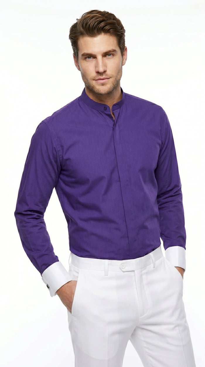 Men’s Mandarin Collarless Dress Shirt with French Cuffs, Preacher Round Collar Formal Shirt
