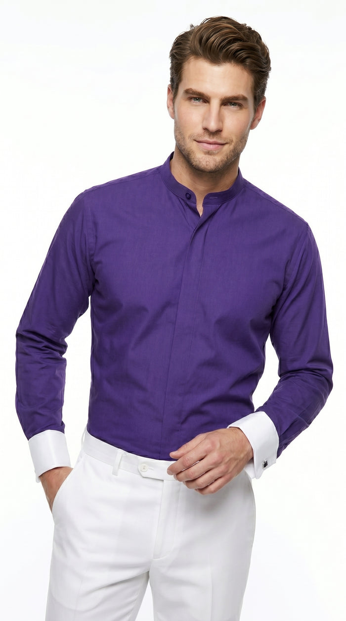 Men’s Mandarin Collarless Dress Shirt with French Cuffs, Preacher Round Collar Formal Shirt