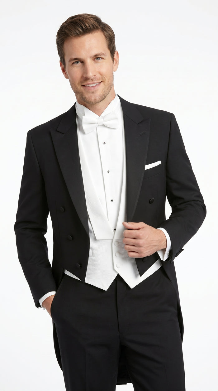 Men’s Black Tailcoat Tuxedo Jacket with Notch Collar, 6 Button Formal Tail Suit