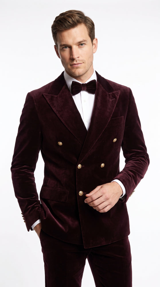 Men’s Rossi Man Zeus Dark Brown Velvet Double Breasted Tuxedo Suit, Formal Wedding Prom Dinner Suit Set
