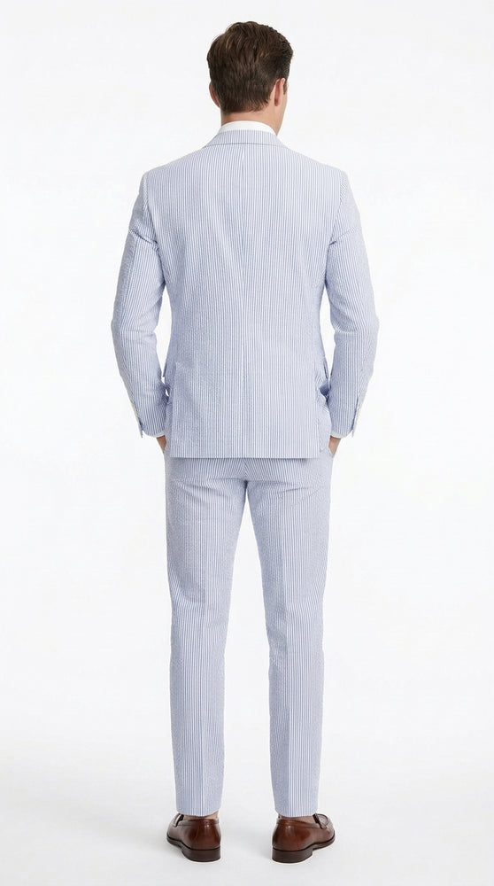 Men’s Dark Navy and White Seersucker Suit, 100% Cotton Classic Summer Wedding Suit