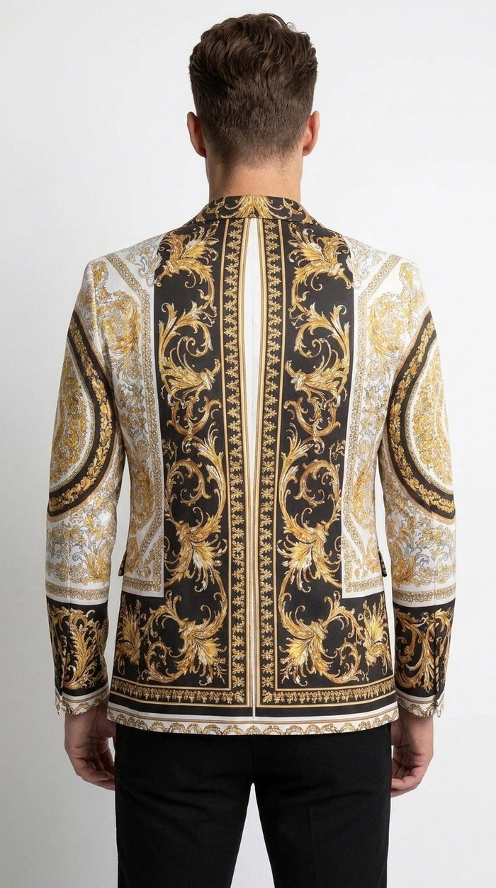 Men’s Black and Gold Baroque Print Blazer – Luxury Yellow Pattern Sport Coat for Wedding, Prom and Party
