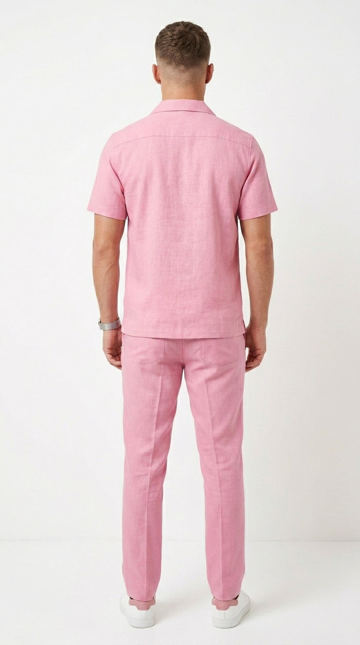 Men’s Lilac Pink Linen Walking Suit with Short Sleeve Shirt and Matching Pants, Summer Casual Outfit