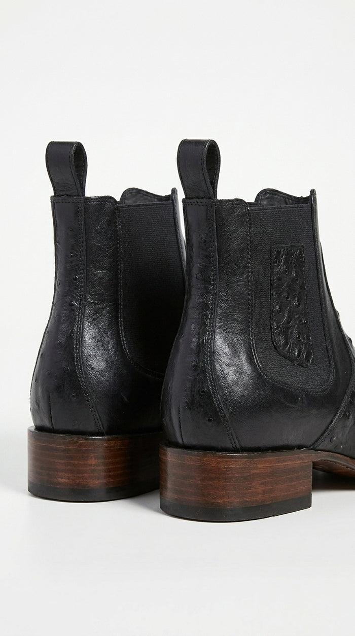 Men’s Black Ostrich Leather Ankle Boots, Square Toe Exotic Western Dress Boots