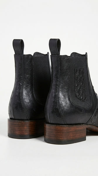 Men’s Black Ostrich Leather Ankle Boots, Square Toe Exotic Western Dress Boots