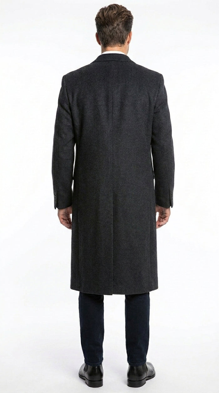 Men’s Charcoal Full Length Wool Dress Topcoat, Formal Winter Overcoat for Men
