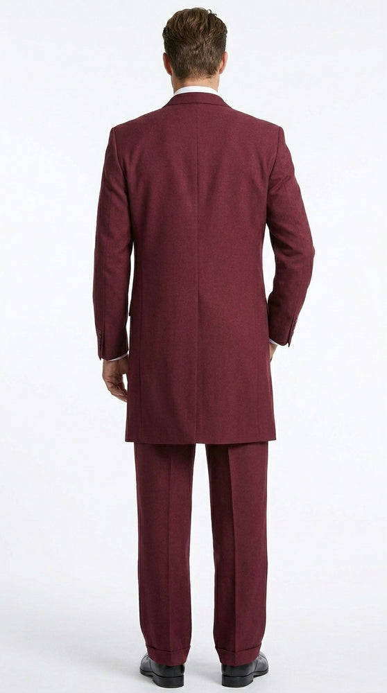 Men’s Burgundy Maroon Zoot Suit with 38 Inch Long Jacket, Wine Color 3 Piece Fashion Suit