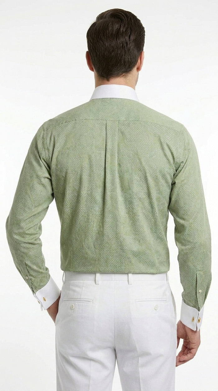 Men’s Apple Green Mini Plaid French Cuff Dress Shirt with Tie and Handkerchief, White Collar Contrast Shirt