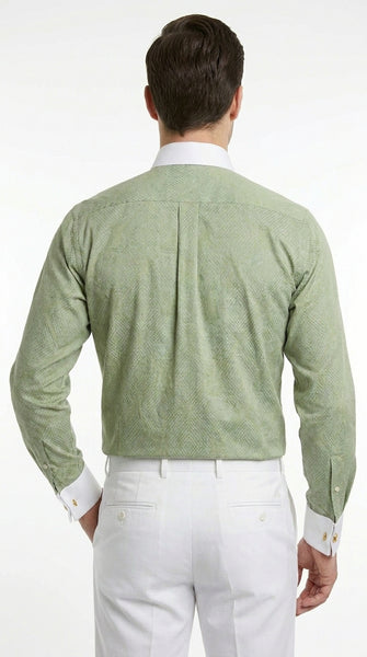 Men’s Apple Green Mini Plaid French Cuff Dress Shirt with Tie and Handkerchief, White Collar Contrast Shirt