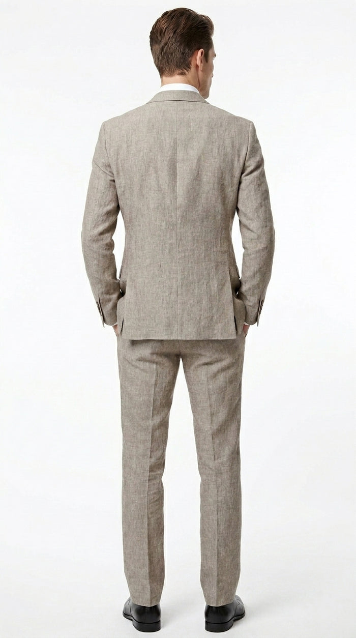 Men’s Dark Tan Taupe 100% Linen Suit with 2 Button Jacket and Flat Front Pants