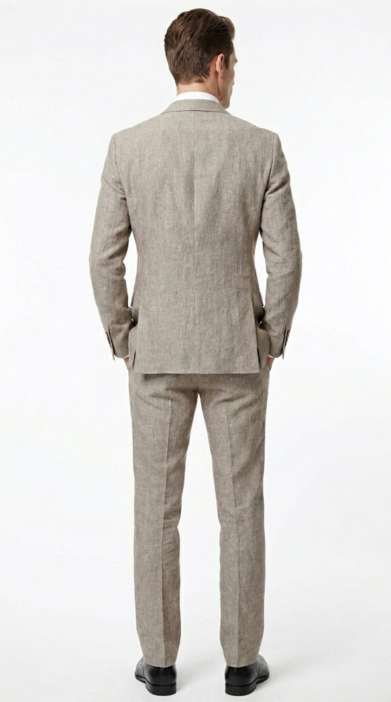 Men’s Dark Tan Taupe 100% Linen Suit with 2 Button Jacket and Flat Front Pants