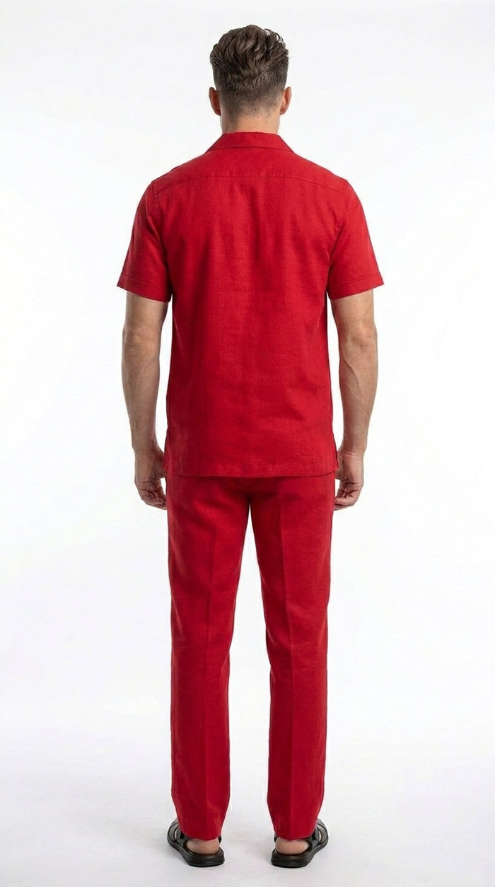 Men’s Red 2 Piece Short Sleeve Walking Suit, Casual Shirt and Pants Set