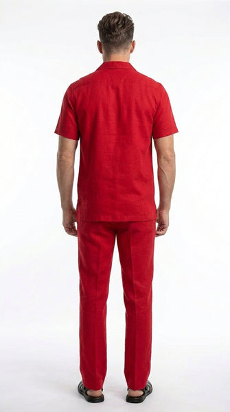 Men’s Red 2 Piece Short Sleeve Walking Suit, Casual Shirt and Pants Set