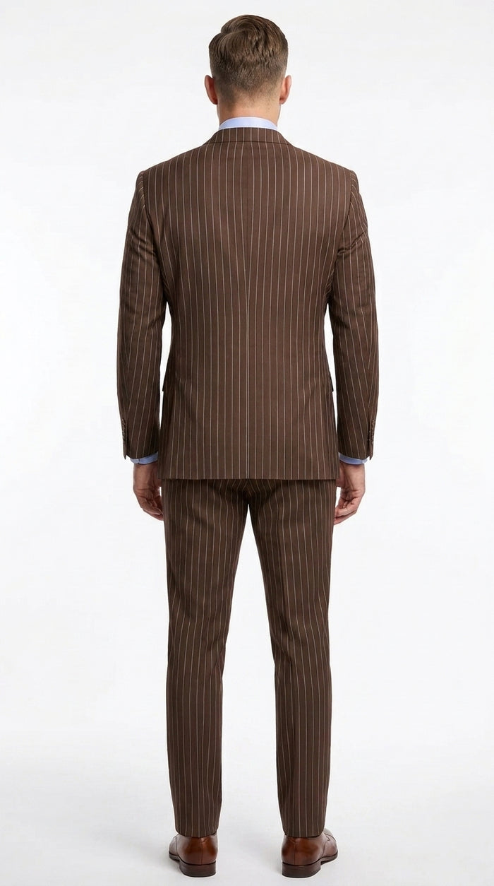Rockefeller Collection Men’s Brown Double Breasted Pinstripe Suit, Regular Fit 2 Piece Formal Business Suit Set