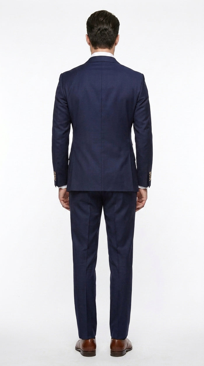 Men’s Navy Blue Double Breasted Suit, Slim Fitted Cut Formal Business Wedding Suit with Flat Front Pants