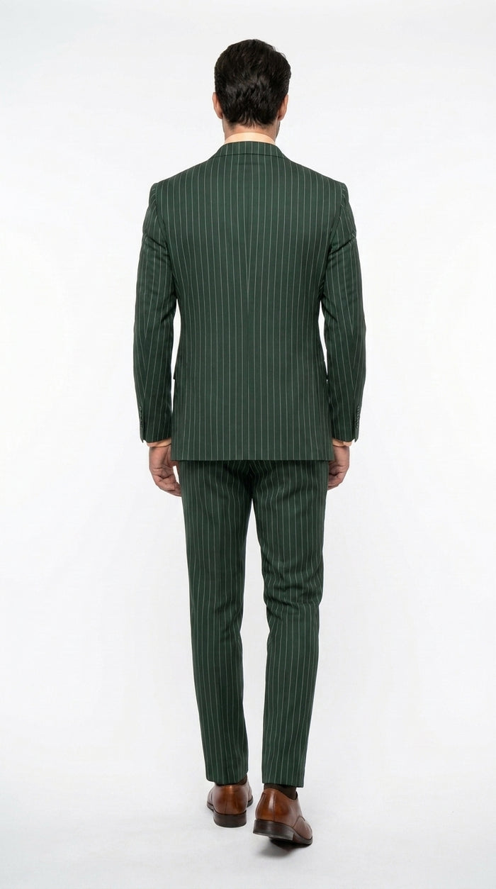 Rockefeller Collection Men’s Hunter Green Double Breasted Pinstripe Suit, Regular Fit 2 Piece Formal Business Suit Set