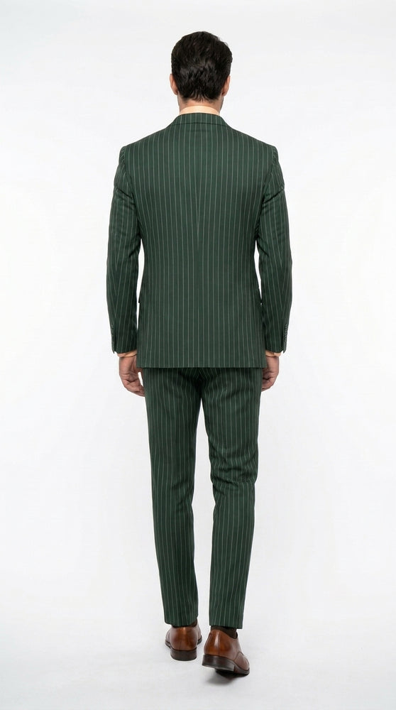 Rockefeller Collection Men’s Hunter Green Double Breasted Pinstripe Suit, Regular Fit 2 Piece Formal Business Suit Set