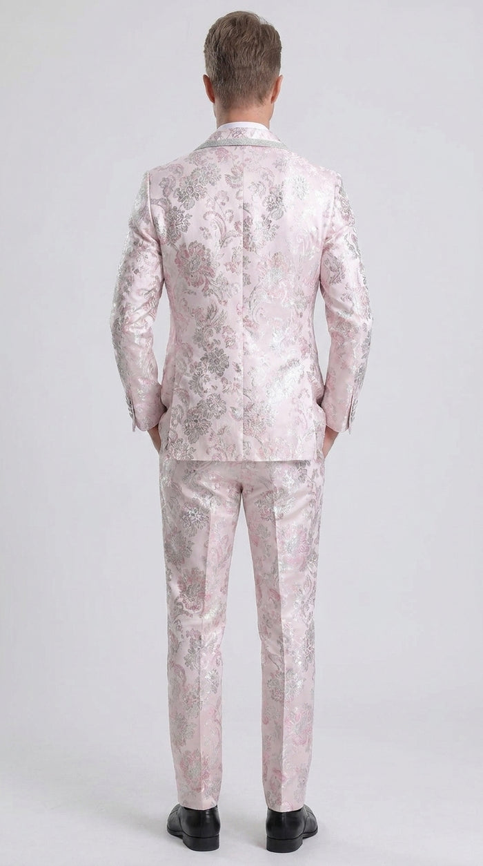 Men’s Pink Floral Paisley Prom Tuxedo with Silver Trim, Fancy Wedding Party Dinner Jacket Suit