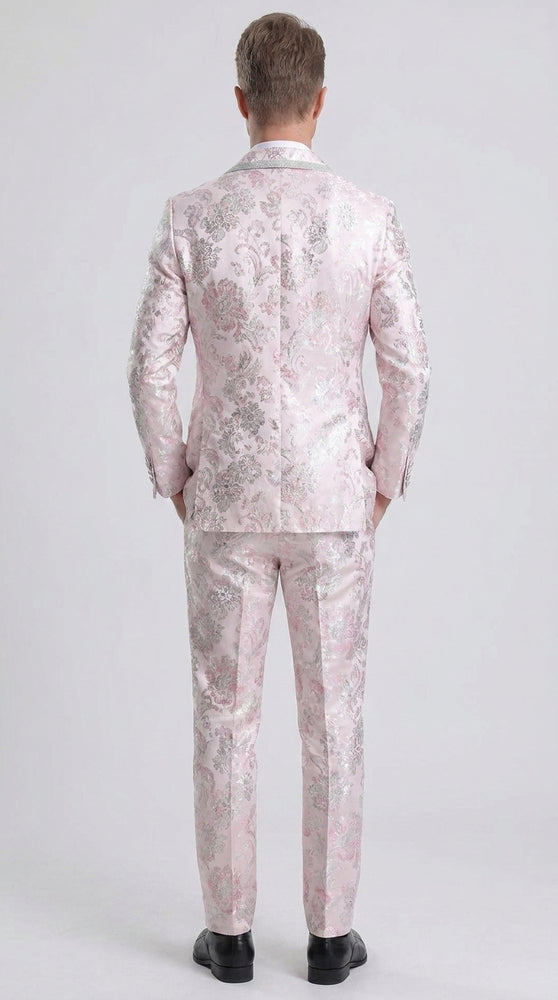 Men’s Pink Floral Paisley Prom Tuxedo with Silver Trim, Fancy Wedding Party Dinner Jacket Suit