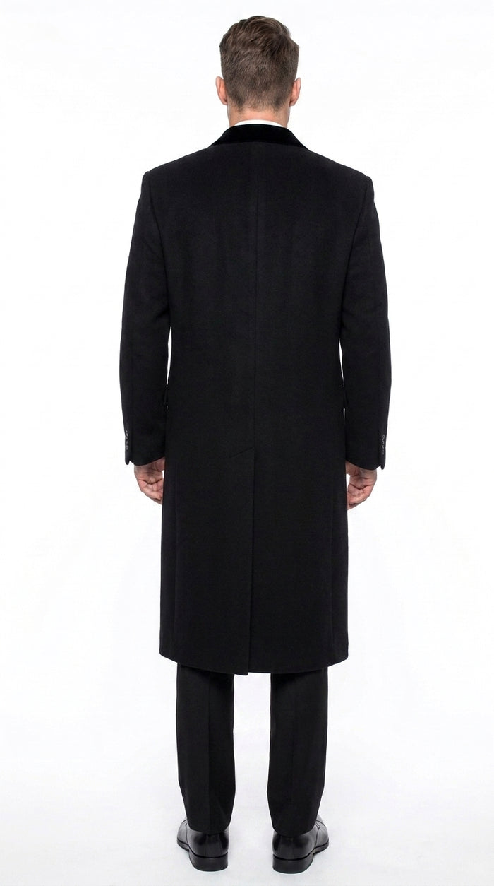 Men’s Black Chesterfield Full Length Wool and Cashmere Overcoat, Formal Winter Dress Coat
