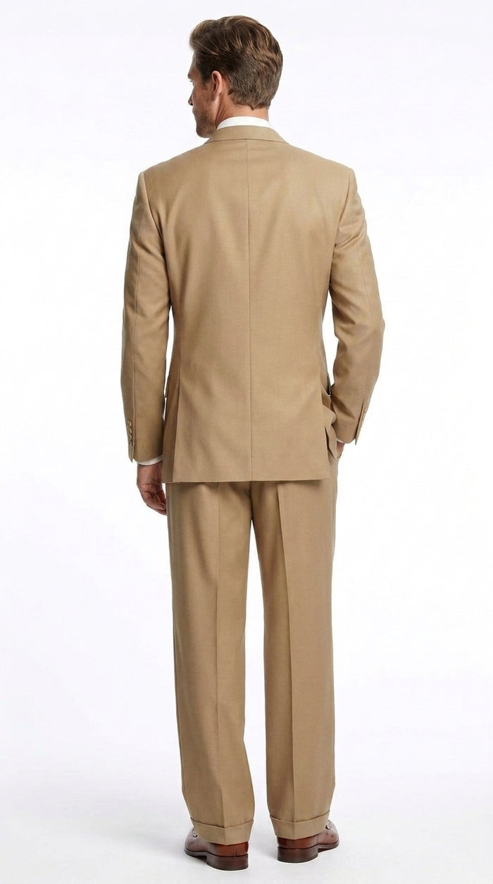 Men’s Khaki Bronze Camel Double-Breasted Suit – Classic Pleated Pants Wedding, Business and Formal Suit