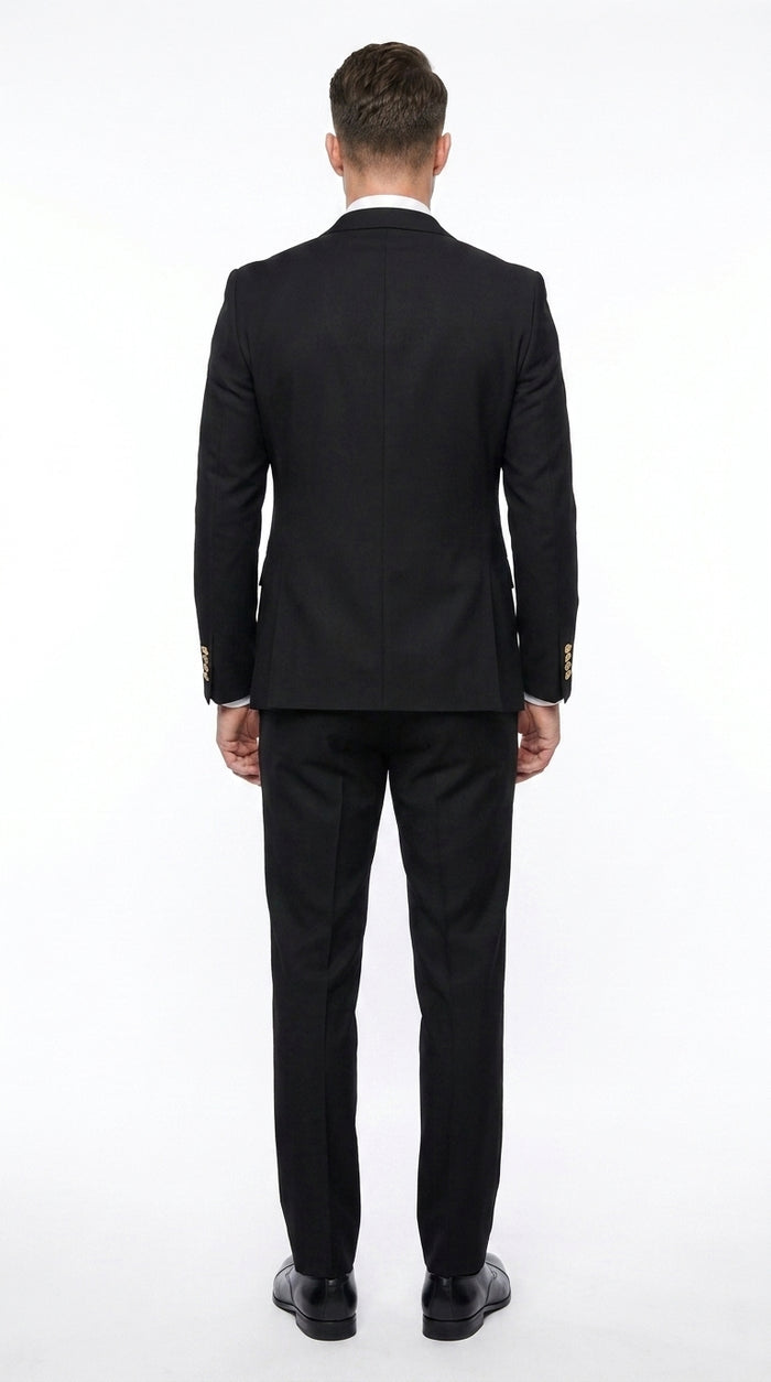 Men’s Black Slim-Fit 3-Piece Suit with Gold Buttons – Double-Breasted Vest Wedding and Formal Suit