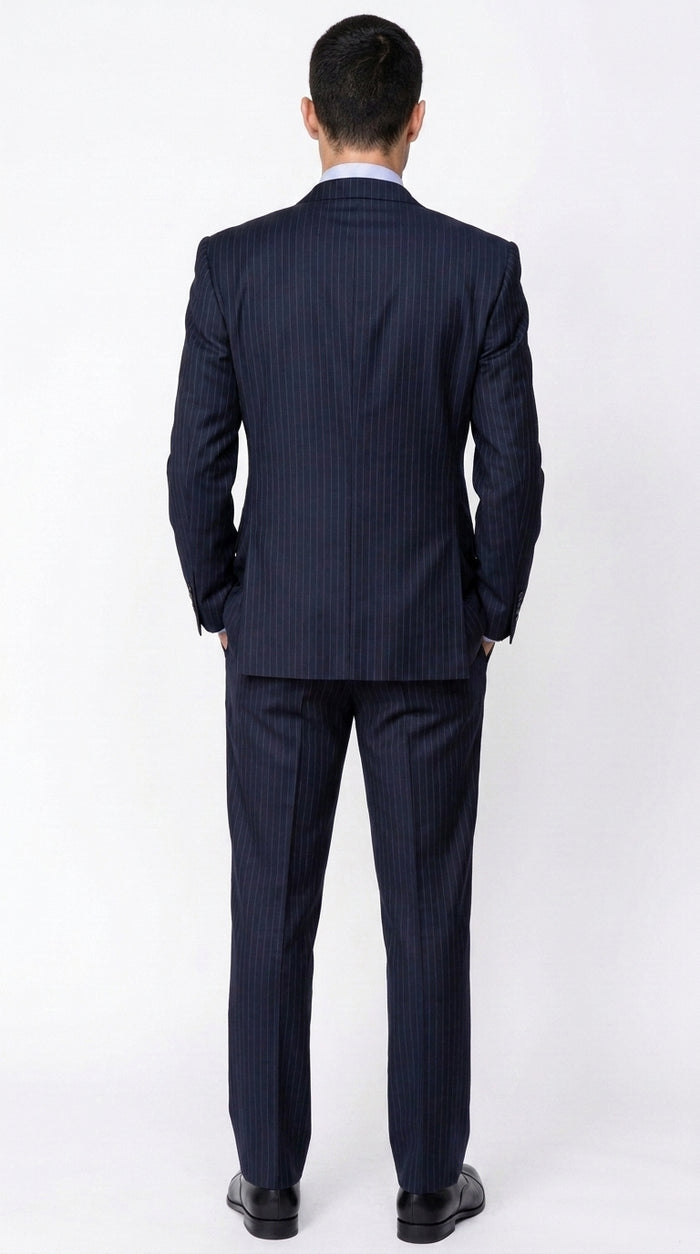 Men’s Dark Navy Blue Pinstripe Double Breasted Suit, Formal Business Wedding Dress Suit