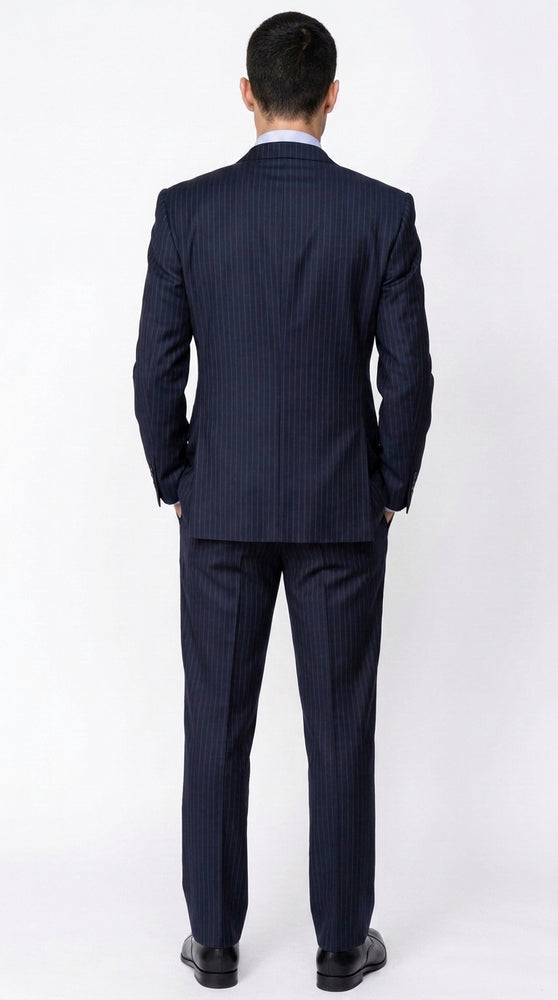 Men’s Dark Navy Blue Pinstripe Double Breasted Suit, Formal Business Wedding Dress Suit