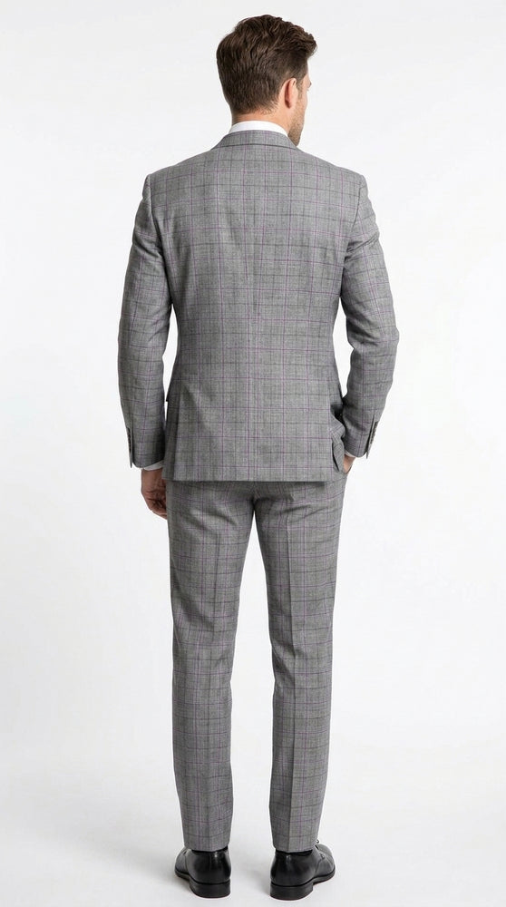 Men’s Grey Glen Plaid Double Breasted Suit, Classic Wool Feel Formal Wedding Business Suit