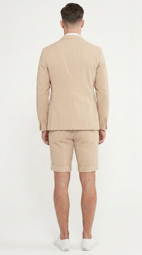 Men’s Camel Short Pants Suit Set, Peak Lapel Summer Business Sport Coat and Shorts Outfit