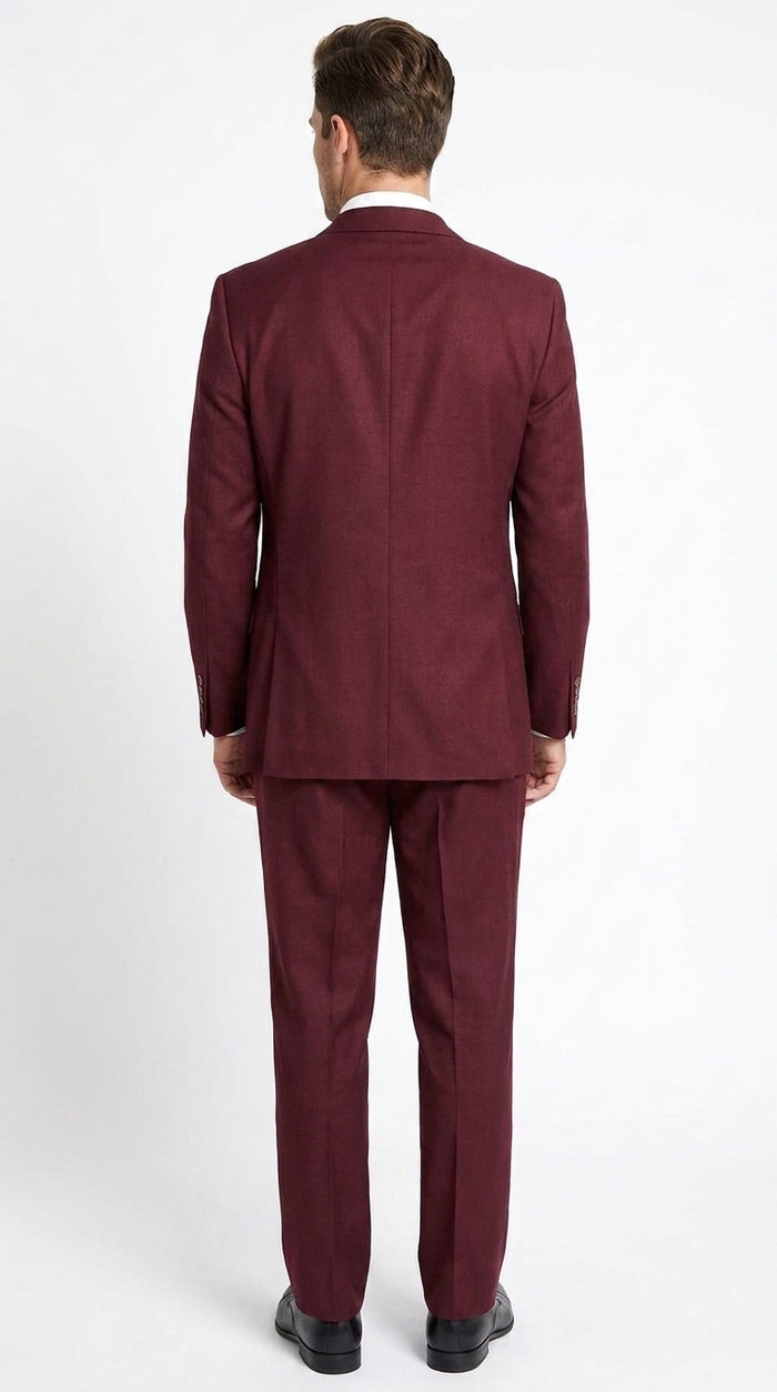 Men’s Burgundy 3 Button Textured Suit, Classic Fit Formal Wedding Business Suit with Pleated Pants