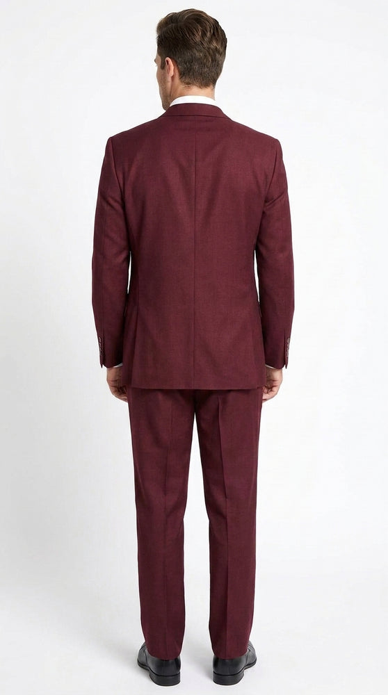 Men’s Burgundy 3 Button Textured Suit, Classic Fit Formal Wedding Business Suit with Pleated Pants