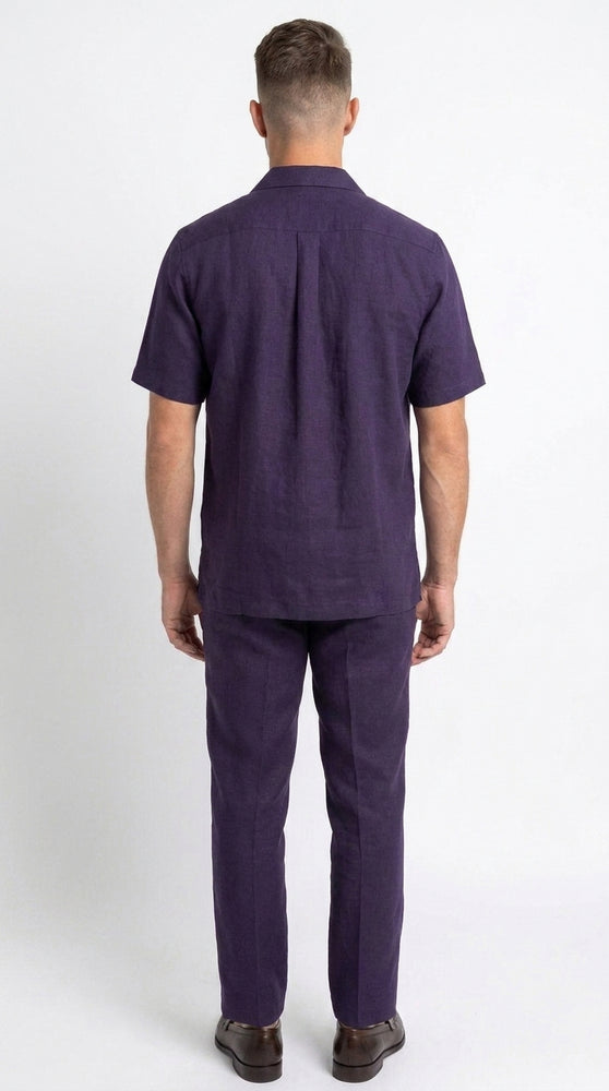 Men’s Dark Navy Linen Walking Suit, Short Sleeve Shirt and Pants Casual Summer Set