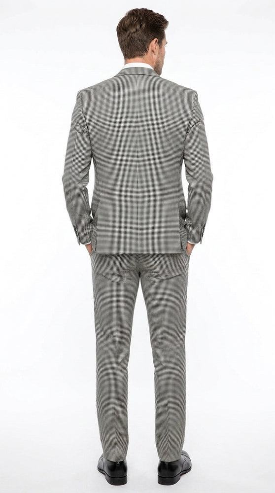 Men’s Black and White Houndstooth Tweed 3 Piece Suit, Vested 2 Button Formal Dress Suit