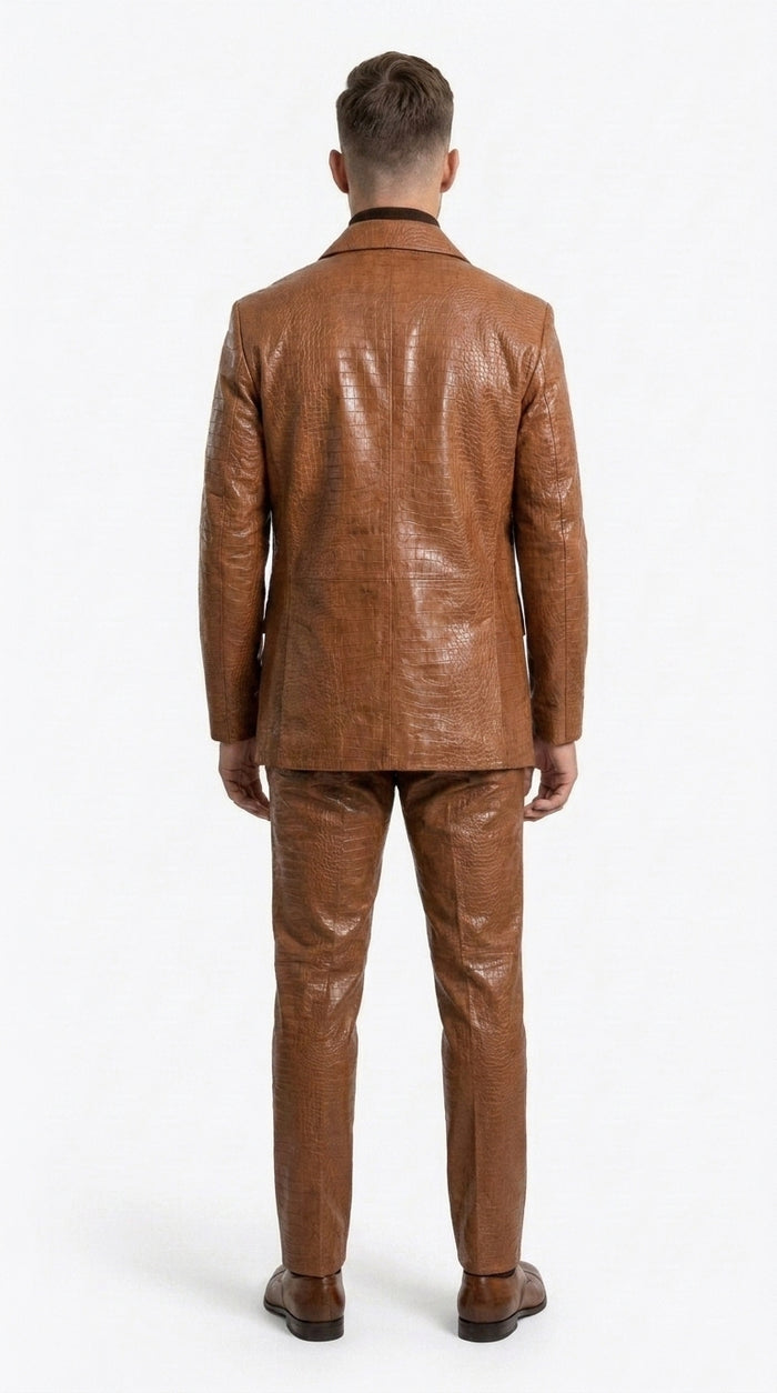 Men’s Rust Crocodile Print Vegan Leather Leisure Suit BP6793, Zip Jacket and Pants Set